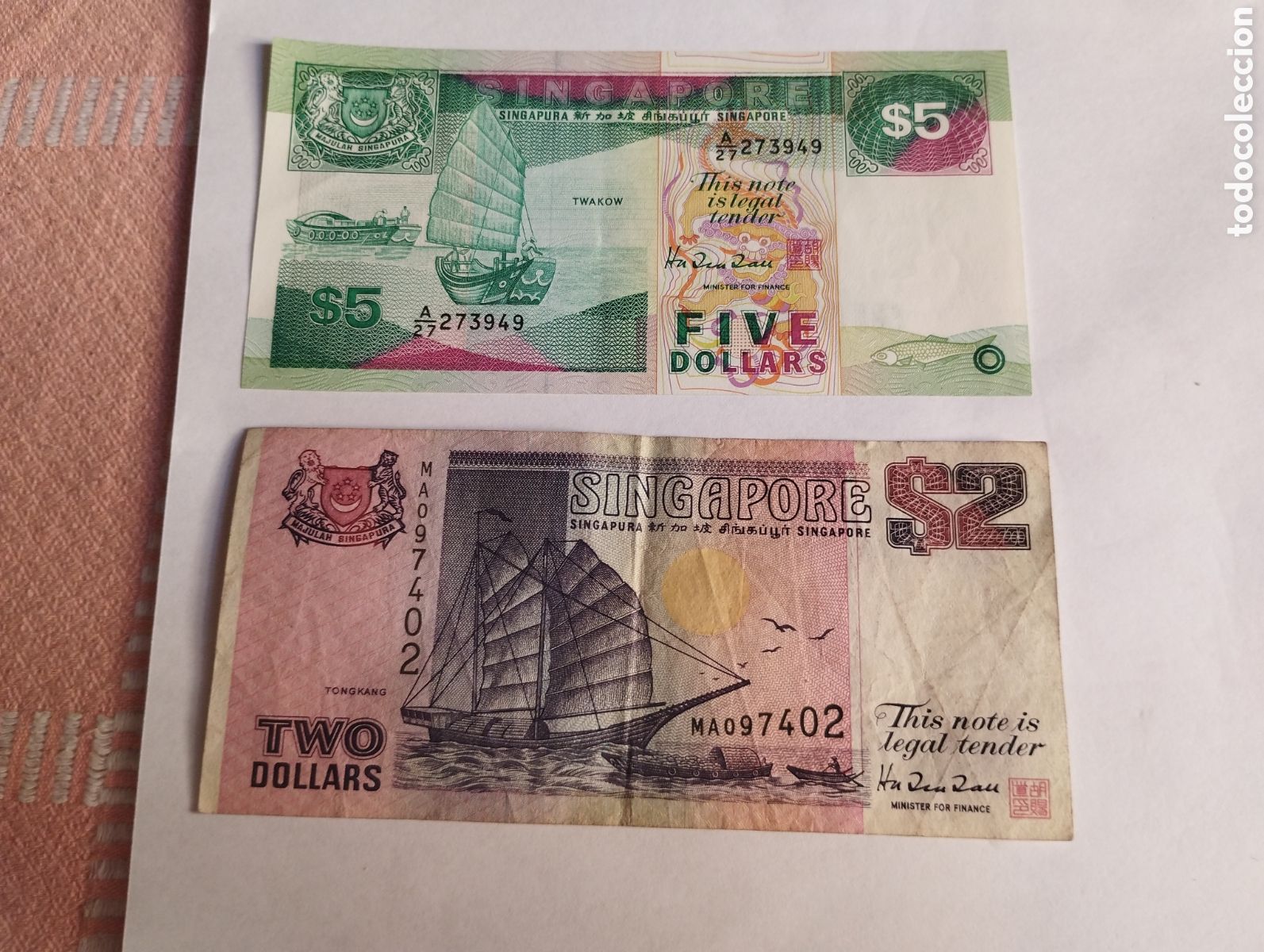 Billetes extranjeros: Lotede 2 billetes 5 y 2dolares de Singapur