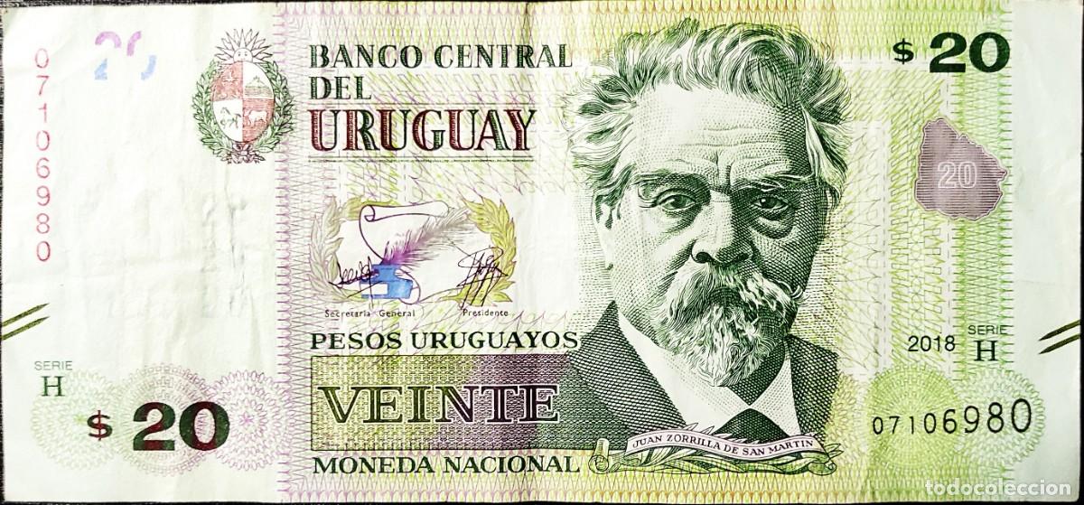 Billetes extranjeros: URUGUAY (2018) - 20 PESOS - H 07106980 - JUAN ZORRILLA DE SAN MARTIN - 159 X 74 - PICK#93 - MB