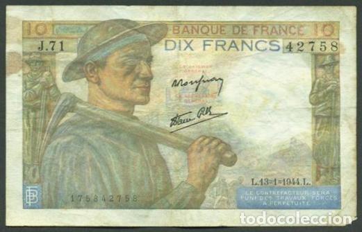 Billetes extranjeros: FRANCIA. II G.M. 10 francs 13.1. 1944.