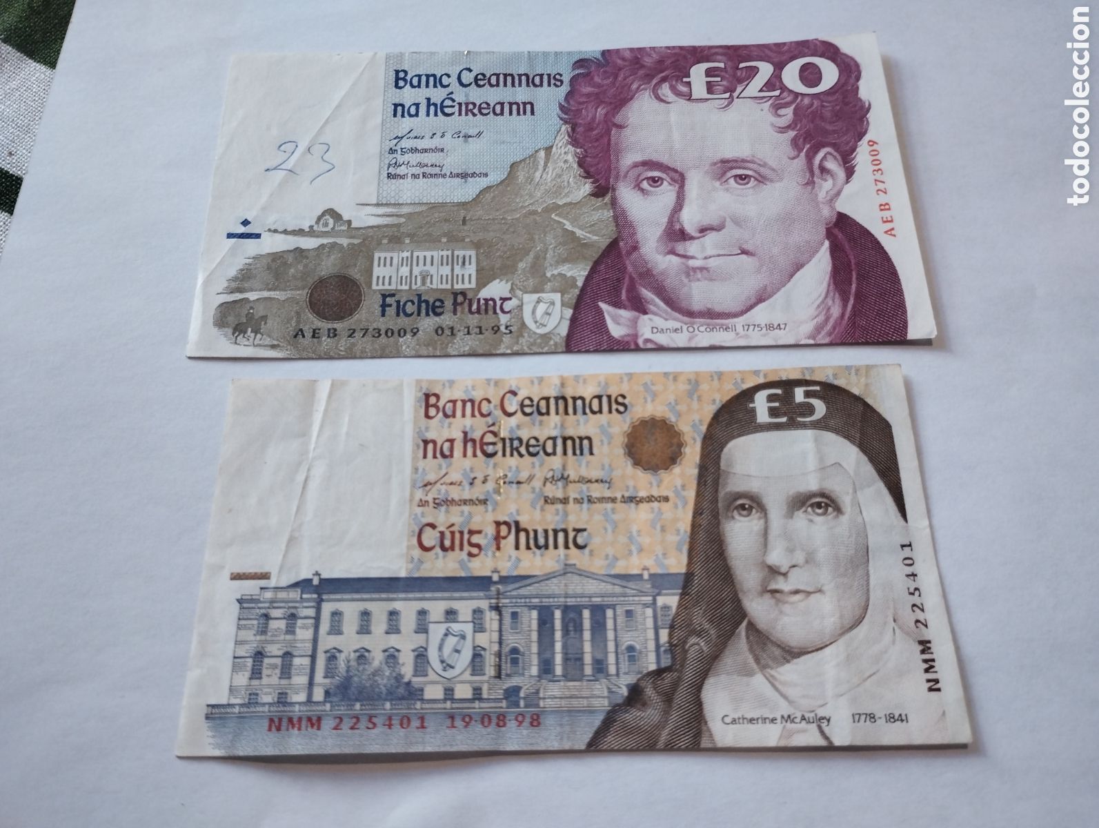 Billetes extranjeros: Lote de 2 billetes de Irlanda de 20 y 5 libras