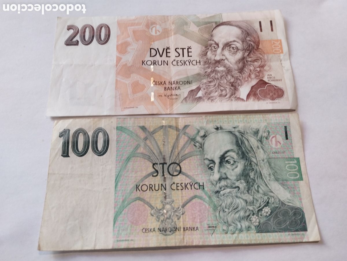 Billetes extranjeros: Lote de 2 billetes de Chequia 200,100 coronas