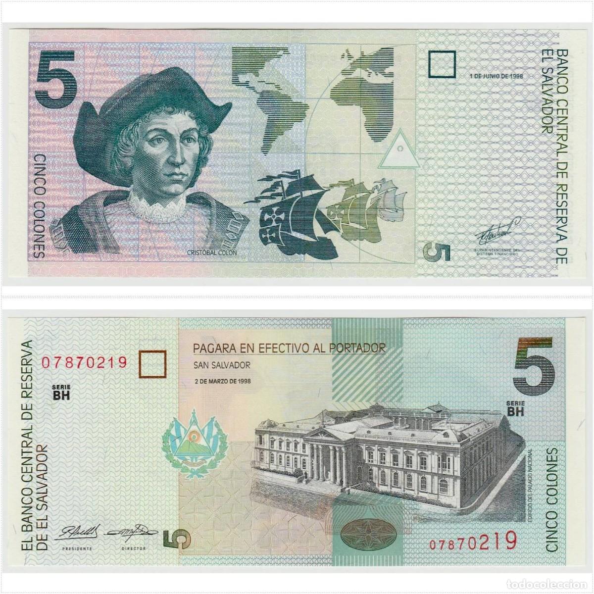 Billetes extranjeros: El Salvador 5 Colones 1998 n/s 07870219 Sin Circular (el billete de la foto)