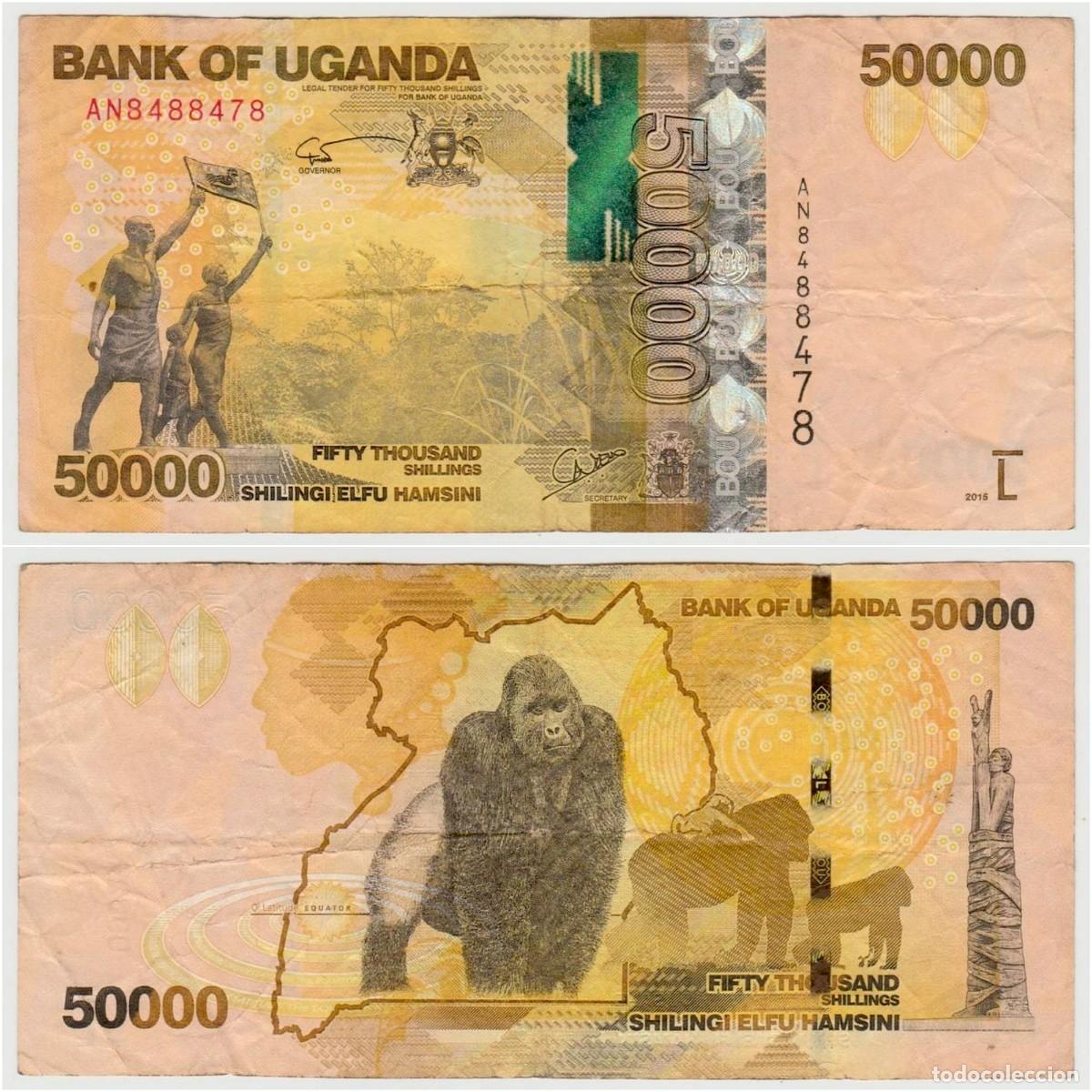 International Banknotes: Uganda 50000 Chelines 2015 n/s AN8488478 Circulado (el billete de la foto)