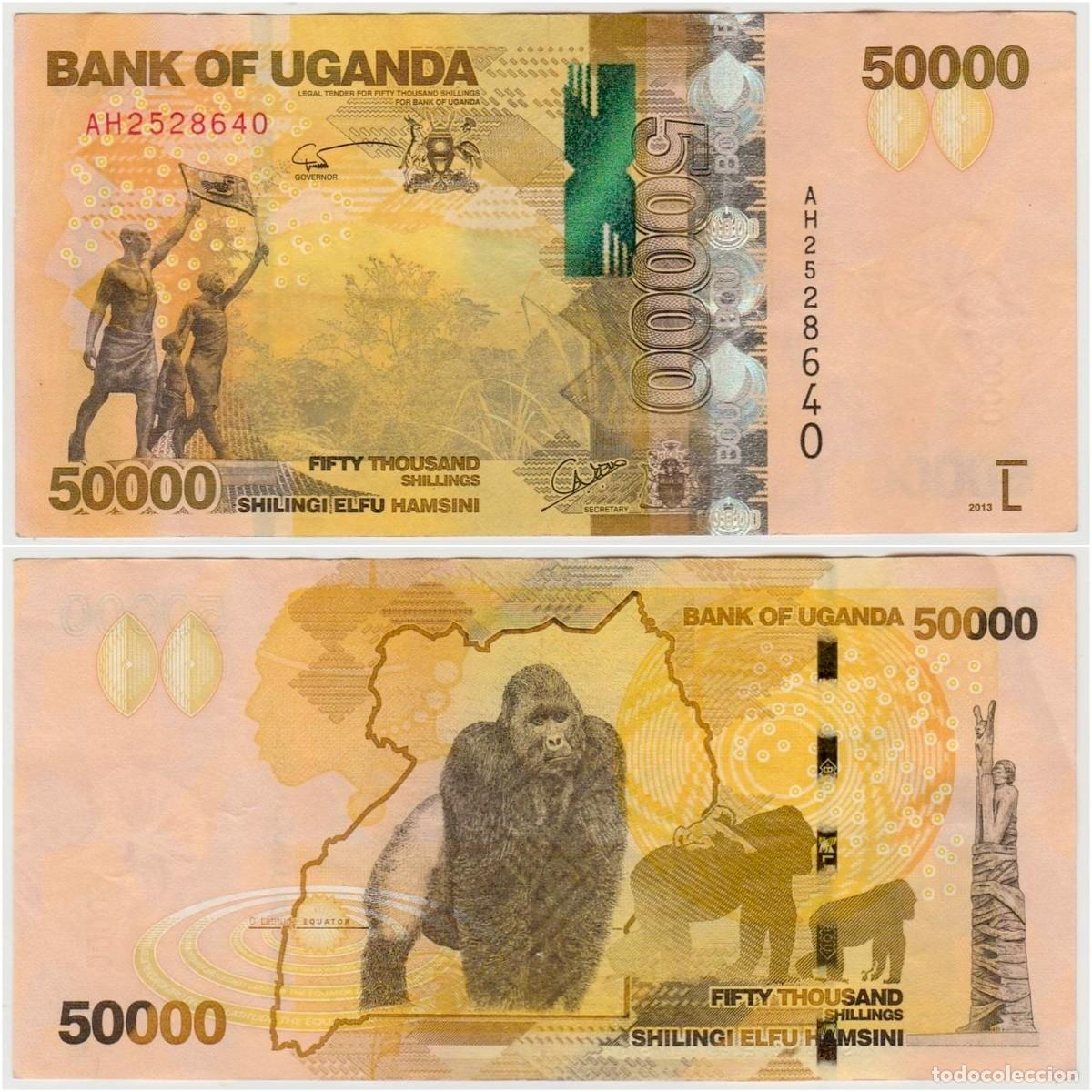 International Banknotes: Uganda 50000 Chelines 2013 n/s AH2528640 Circulado (el billete de la foto)