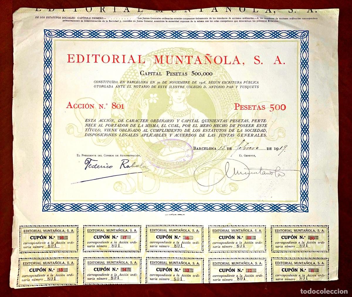 Billetes extranjeros: Editorial Munta&ntilde;ola, SA, Barcelona 1919 una acci&oacute;n