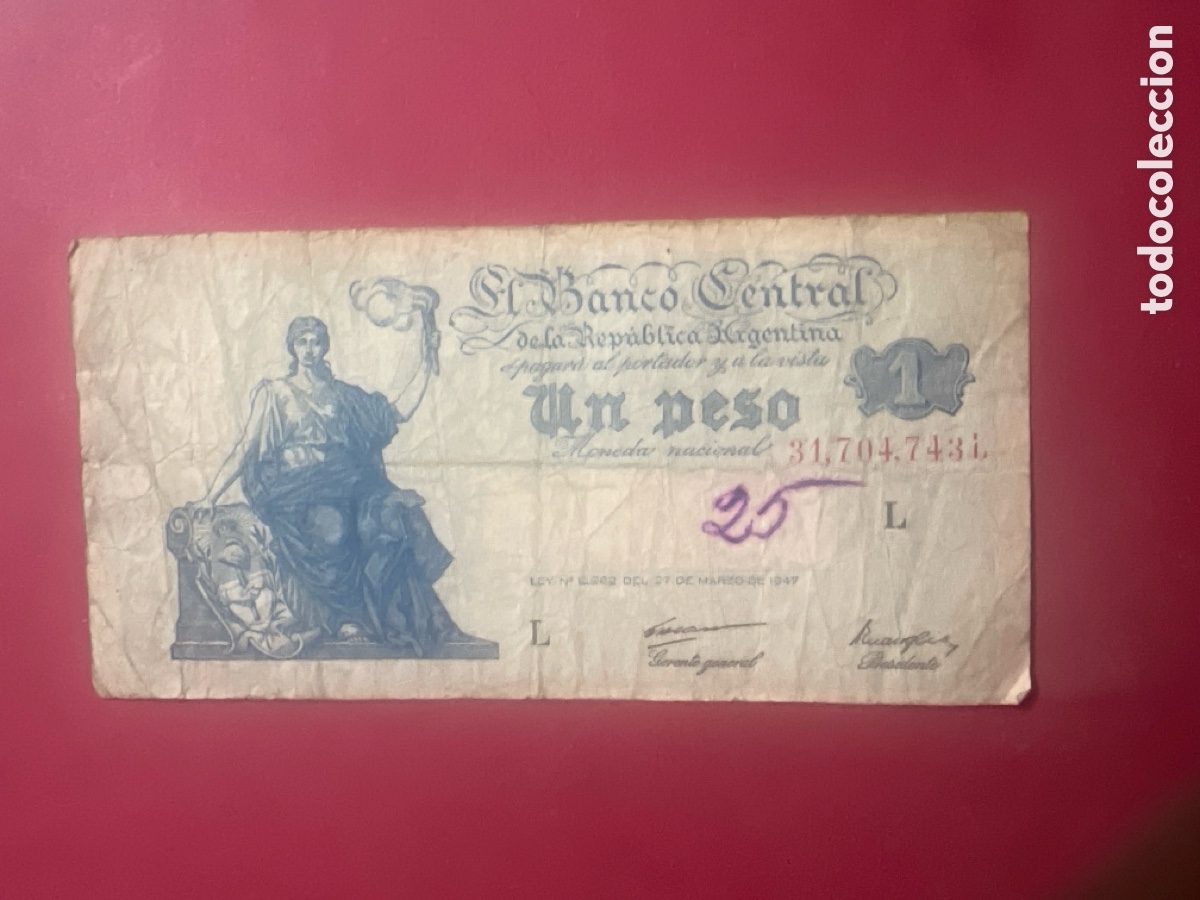 Billetes extranjeros: B245. BILLETE BANCO CENTRAL DE LA REP&Uacute;BLICA ARGENTINA UN PESO - 27 MARZO DE 1947