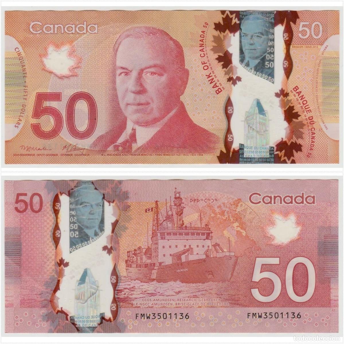 Billetes extranjeros: Canad&aacute; 50 D&oacute;lares 2012 n/s FMW3501136 Pol&iacute;mero Circulado (el billete de la foto)