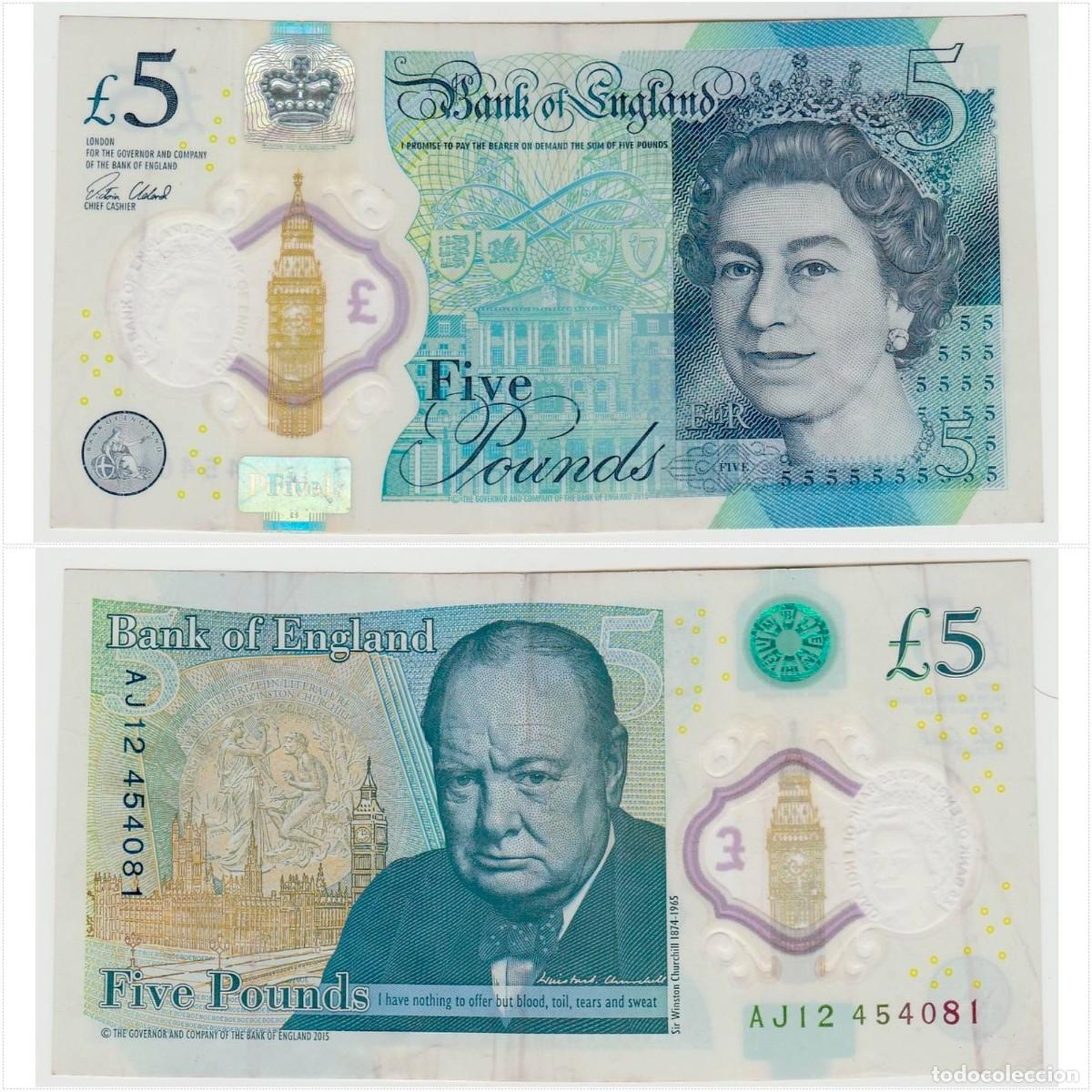 Billetes extranjeros: Gran Breta&ntilde;a 5 Libras 2015 n/s AJ12454081 Pol&iacute;mero Circulado (el billete de la foto)