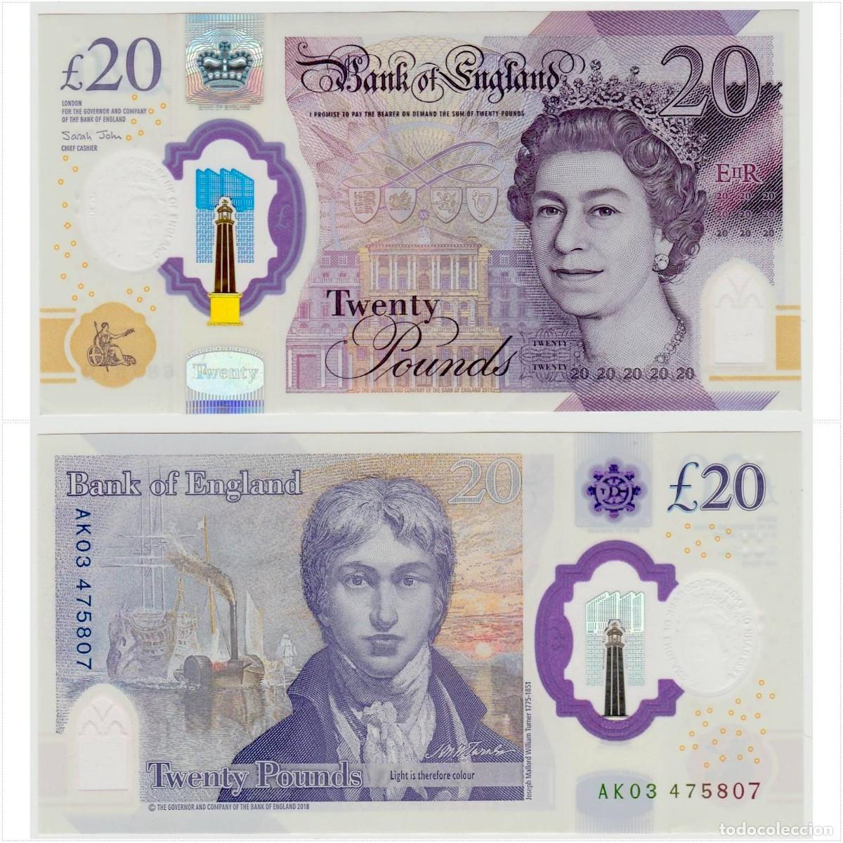 Billetes extranjeros: Gran Breta&ntilde;a 20 Libras 2018 QEII n/s AK03 475807 Pol&iacute;mero Casi Sin Circular (el billete de la foto)