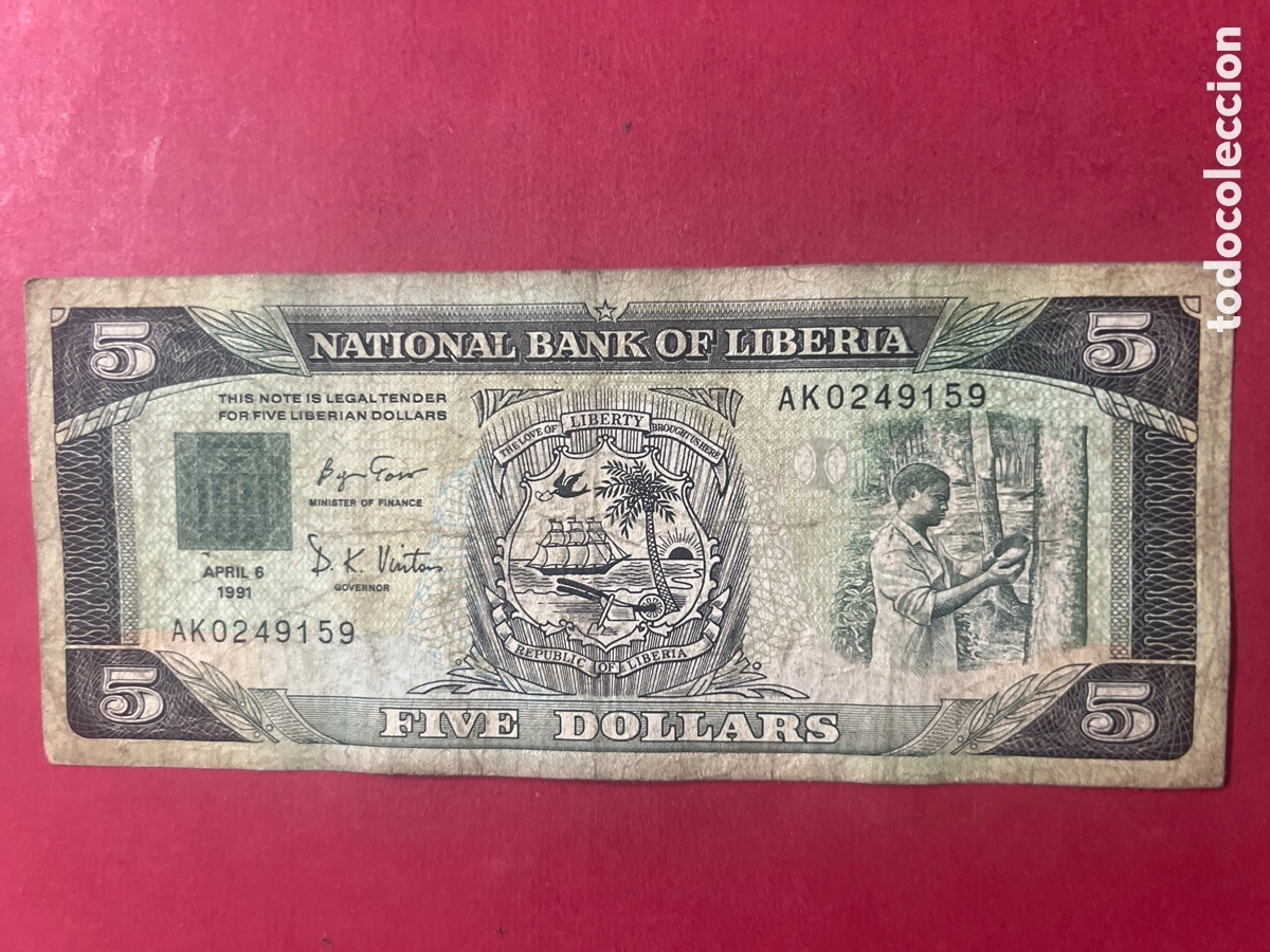 Billetes extranjeros: B252. Billete Liberia 5 D&oacute;lares 1991
