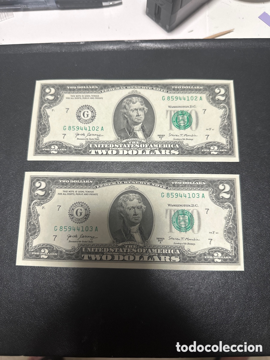 Billetes extranjeros: Pareja correlativa de Estados Unidos de 2 dollars a&ntilde;o 2017-A, sin circular
