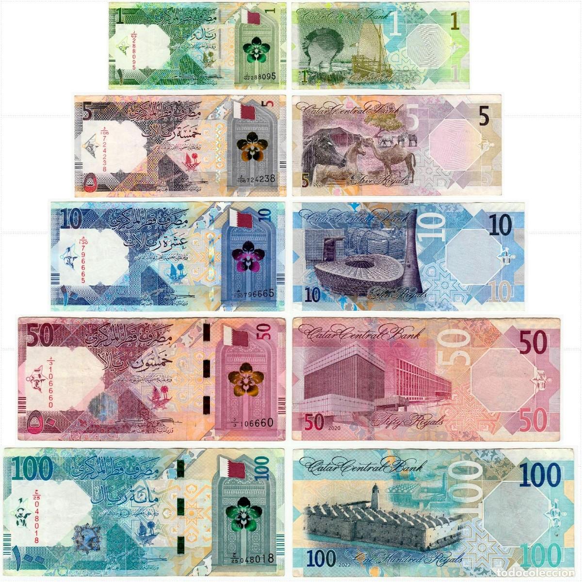 Billetes extranjeros: Qatar Set 5 pcs 1 5 10 50 100 Riyals 2020-2022 Circulados (los billetes de las fotos)