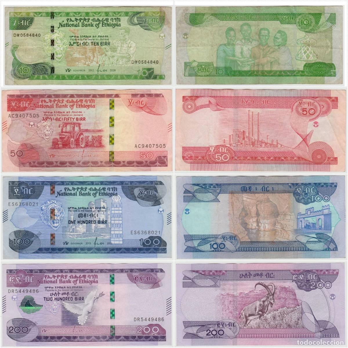 Billetes extranjeros: Etiop&iacute;a Set 4 pcs 10 50 100 200 Birr 2020-2023 Circulados (los billetes de las fotos)