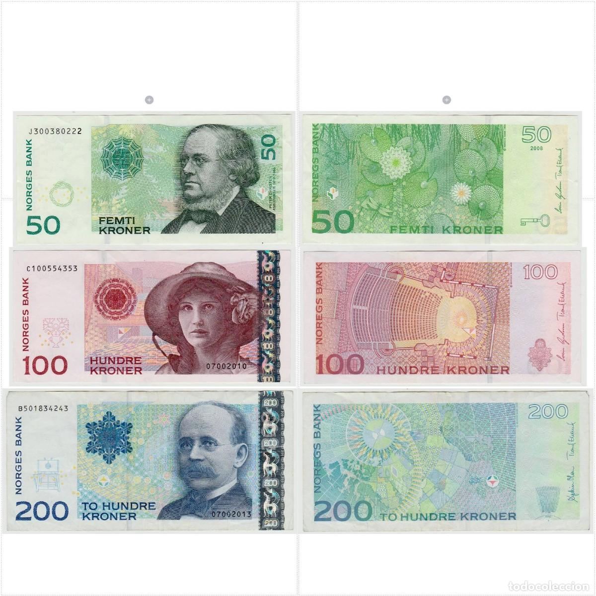 Billetes extranjeros: Noruega Set 3 pcs 50 100 200 Coronas 2008-2013 Circulados (los billetes de las fotos)