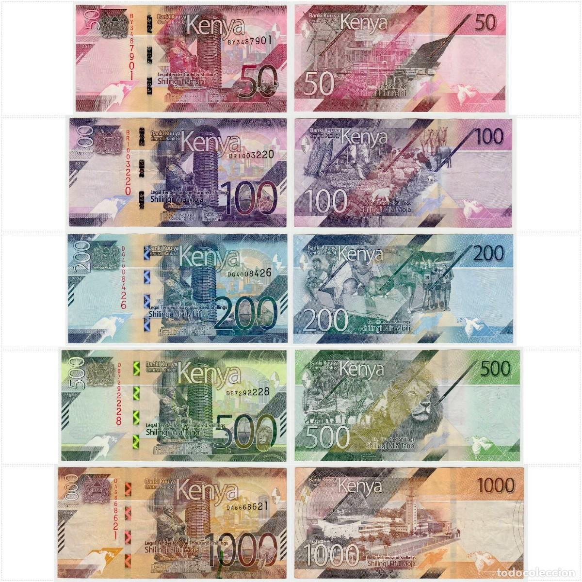 Billetes extranjeros: Kenia Set 5 pcs 50 100 200 500 1000 Chelines 2019-2024 Circulados (los billetes de las fotos)