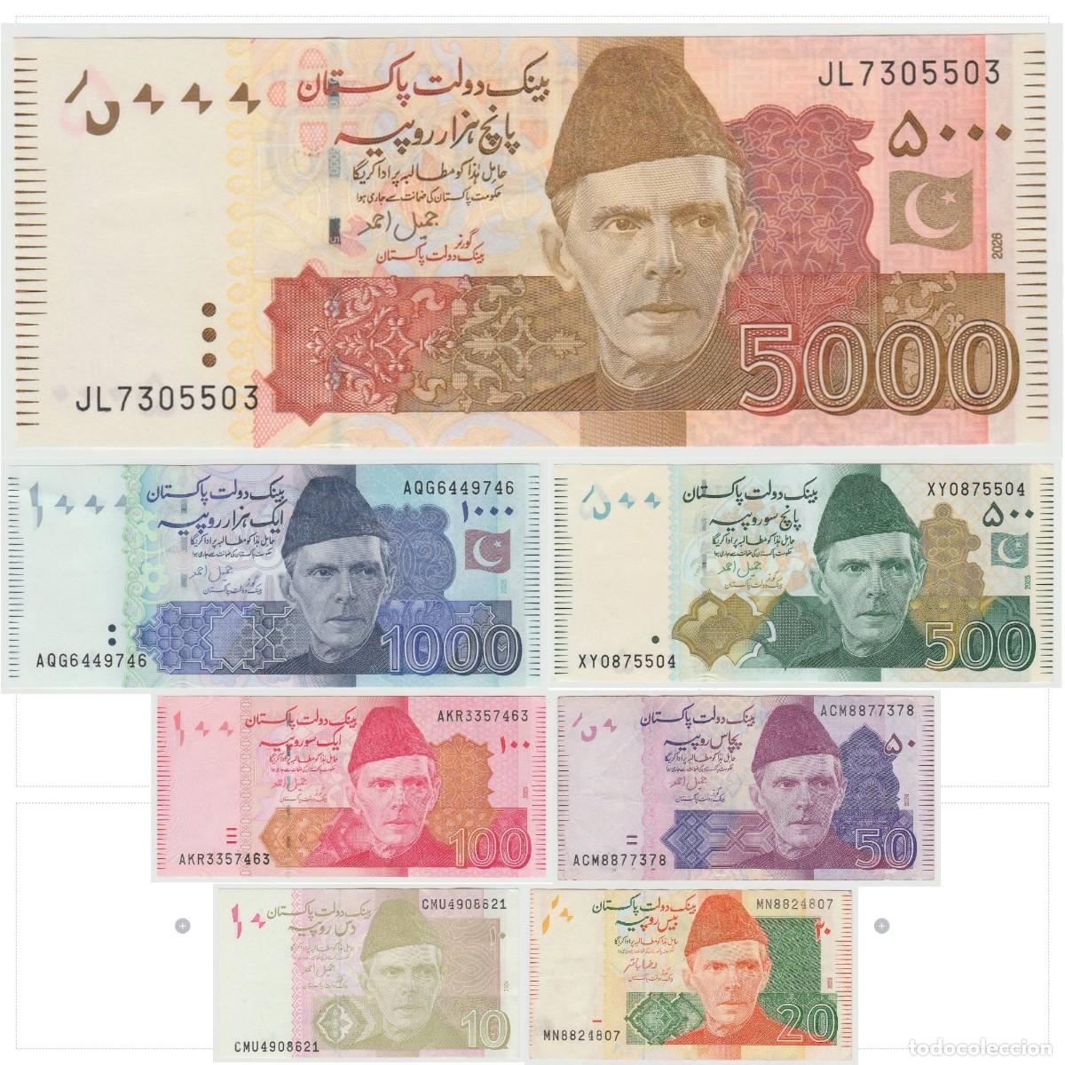 Billetes extranjeros: Pakistan Set 7 pcs 10 20 50 100 500 1000 5000 Rupias 2022-2026 Circulados (ver fotos)