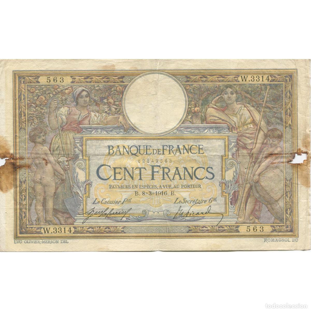 Billetes extranjeros: [#627898] Francia, 100 Francs, Luc Olivier Merson, 1916, 1916-03-08, BC, Fayette:23.8