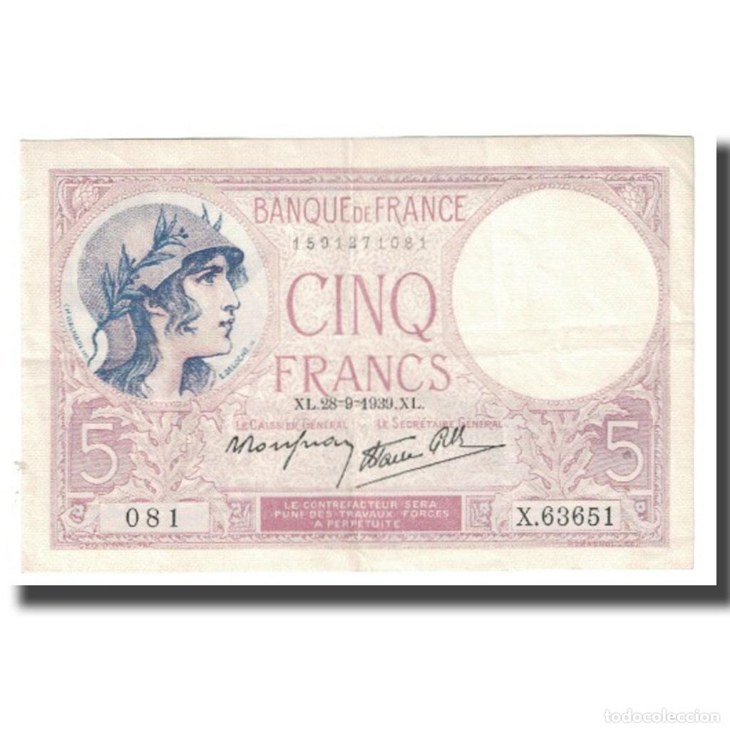 Billetes extranjeros: [#174250] Francia, 5 Francs, Violet, 1939, P. Rousseau and R. Favre-Gilly, 1939-09-28