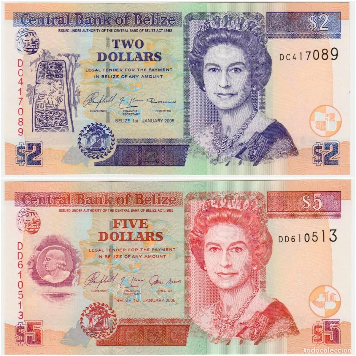 Notas Internacionais: Belize Set 2 pcs 2 y 5 D&oacute;lares 2005 Picks 66 y 67 Sin Circular (los billetes de las fotos)