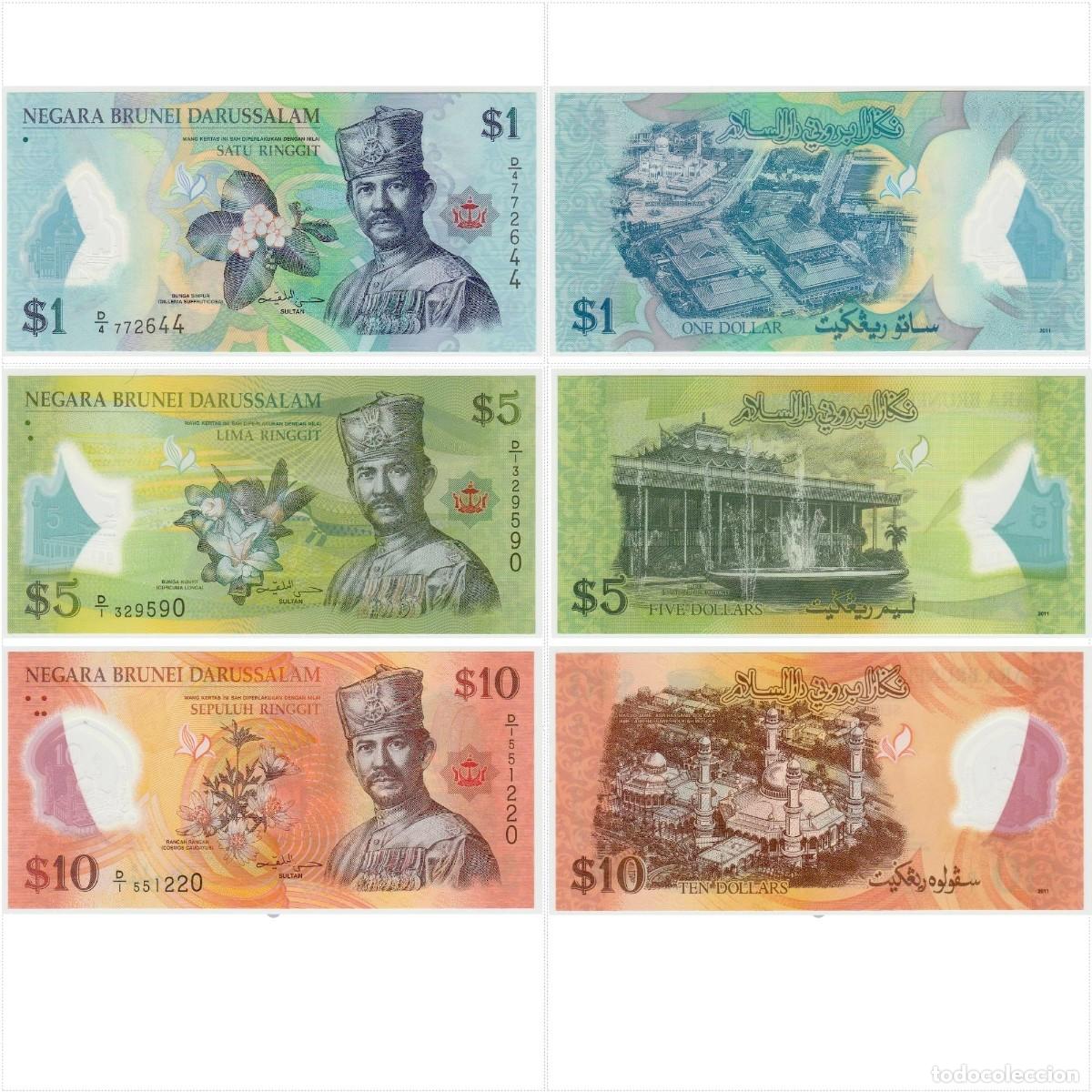 Billetes extranjeros: Brunei Set 3 pcs 1 5 y 10 D&oacute;lares 2011 Pol&iacute;meros Sin Circular (los billetes de las fotos)