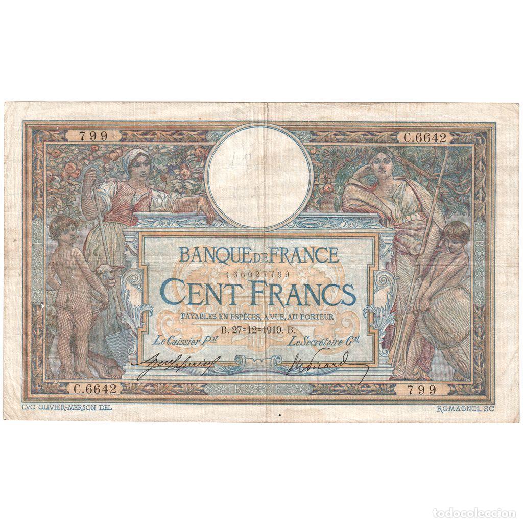 Billetes extranjeros: [#1294335] Francia, 100 Francs, Luc Olivier Merson, 1919-08-12, C.6642, BC+