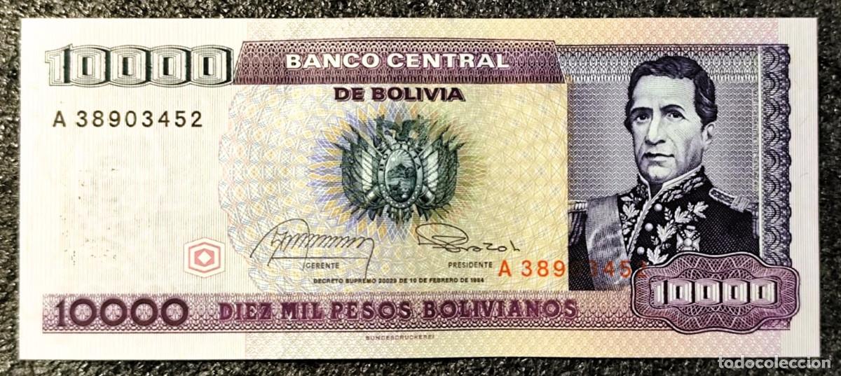 Billetes extranjeros: Bolivia 10.000 Pesos 1984,A. Santa Cruz (UNC) Con Con sello de un Centavo de Boliviano, Lote 2502
