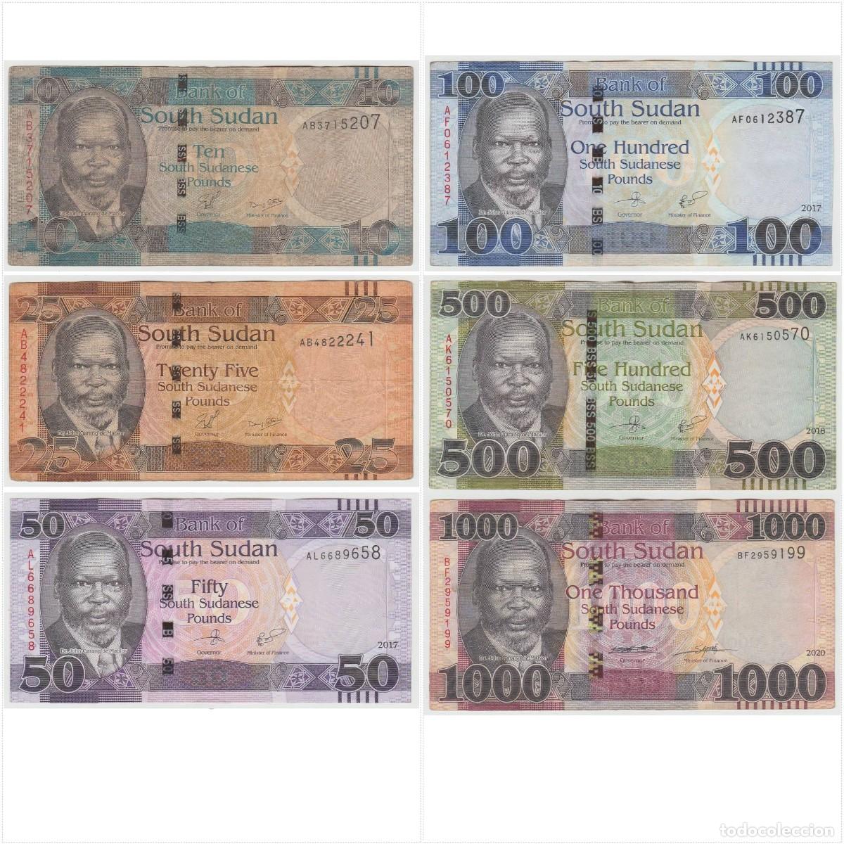 Notas Internacionais: Sud&aacute;n del Sur Set 6 pcs 10 25 50 100 500 y 1000 Libras 2011-2020 Circulados (los de las fotos)
