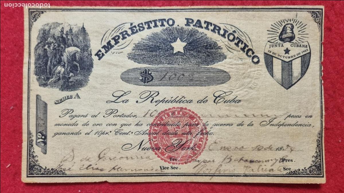 Billets internationaux: BILLETE EMPRESTITO PATRIOTICO 100 PESOS CUBA NEW YORK 1854 GUERRA INDEPENDENCIA LEER DESCRIPCION K