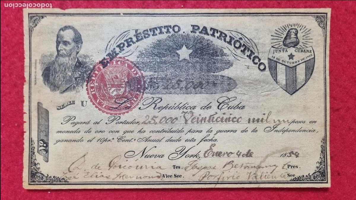 Billetes extranjeros: BILLETE EMPRESTITO PATRIOTICO 25000 PESOS CUBA NEW YORK 1854 GUERRA INDEPENDENCIA LEER DESCRIPCION K