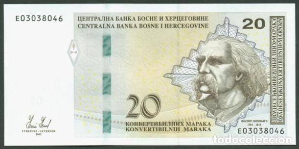 Billetes extranjeros: BOSNIA. 20 MARCOS CONVERTIBLES 2012. LETRAS CIRILICAS EN EL RENGLON SUPERIOR S/C. F. Visjic.