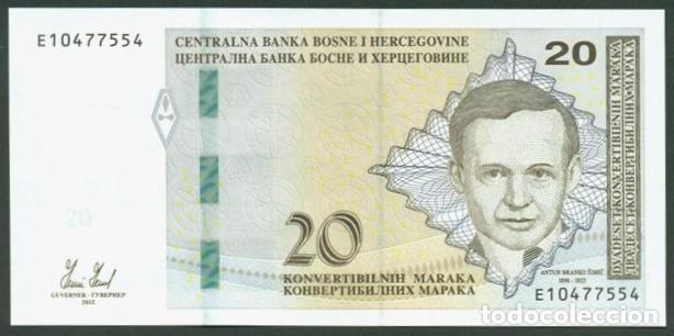 Billetes extranjeros: BOSNIA. 20 MARCOS CONVERTIBLES 2012. LETRAS LATINAS EN EL RENGLON SUPERIOR S/C. A.B. Simic