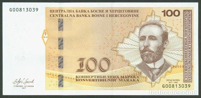 Billetes extranjeros: BOSNIA. 100 MARCOS CONVERTIBLES 2017. LETRAS CIRILICAS EN EL RENGLON SUPERIOR S/C.