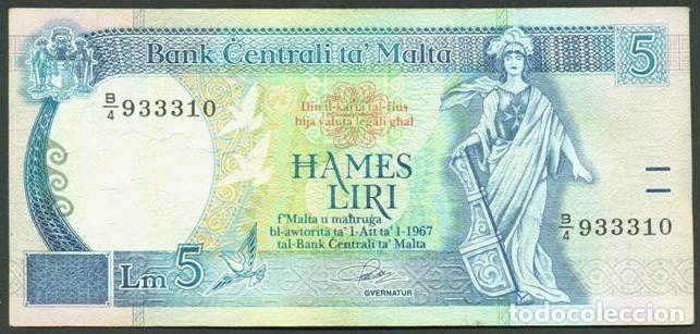 Billetes extranjeros: MALTA. 5 liri 1967(1986). Pick 42. Numeros de la izquierda y derecha del mismo tama&ntilde;o.