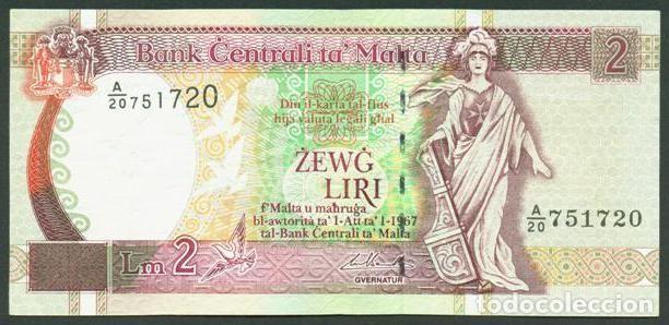 Billetes extranjeros: MALTA. 2 liri Ley 1967(1994). Pick 45. Numeros de izquierda de tama&ntilde;o ascendente.