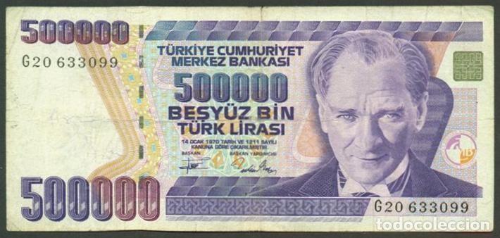 Billetes extranjeros: TURQUIA. 500000 lira (1993). Pick 208 c. Serie G. Con cuadrado dorado en la esquina.