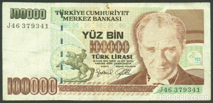 Billetes extranjeros: TURQUIA. 100000 lira (1997). Pick 206. Serie J. Sin ornamento en la esq. sup. dcha.