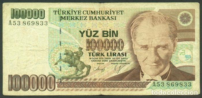 Billetes extranjeros: TURQUIA. 100000 lira (1997). Pick 205 b. Serie A. Con ornamento en la esq. sup. dcha.