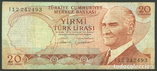 Billetes extranjeros: TURQUIA. 20 lira L.1970.