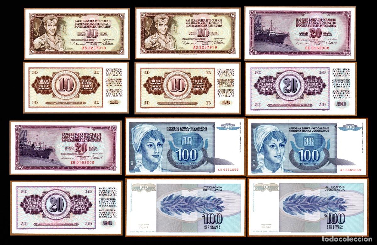 Billetes extranjeros: Lote de 3 parejas de billetes de la antigua Yugoslavia. De 10, 20 y 100 dinares.