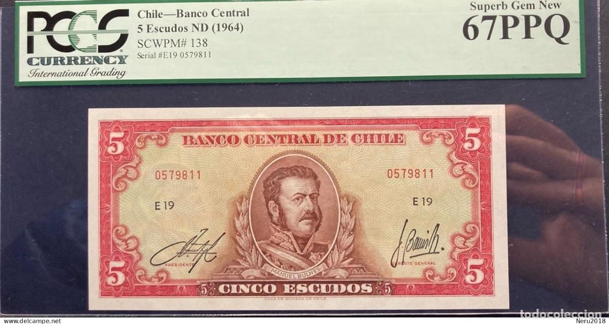 Billetes extranjeros: CHILE 1964 Pick 138 5 Escudos PCCS Superb Gen New 67 PPQ