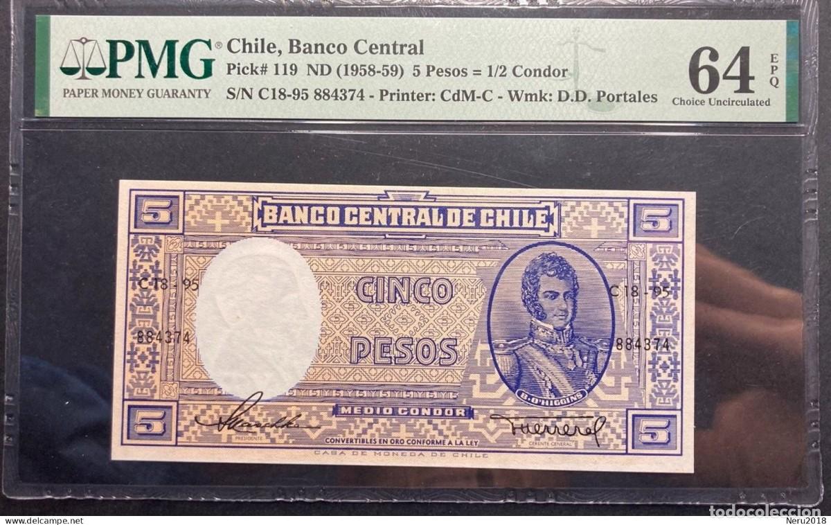 Internationale Banknoten: CHILE 1958/59 Pick 119 5 Pesos (Medio C&oacute;ndor) PMG 64 EPQ