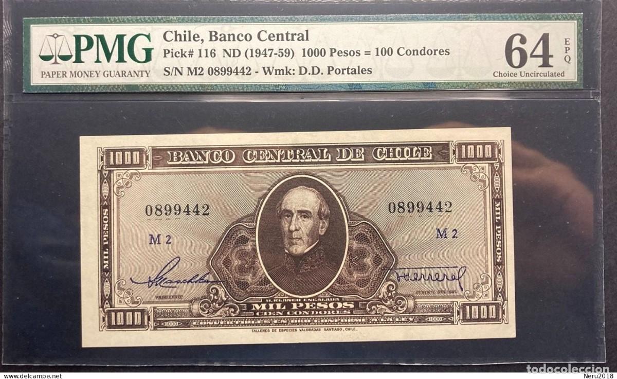 Billetes extranjeros: CHILE 1947/59 Pick 116 1.000 Pesos PMG 64 EPQ
