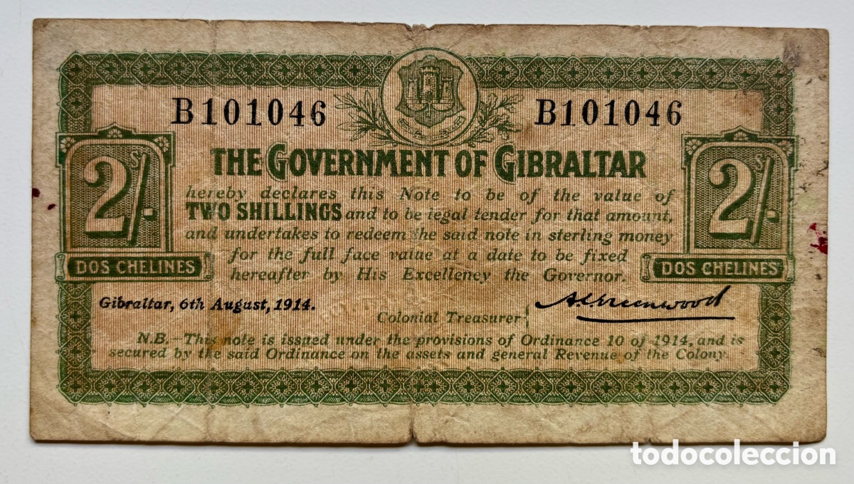 Billetes extranjeros: Billete GIBRALTAR 2 Chelines 1914. Shillings. Pick 6