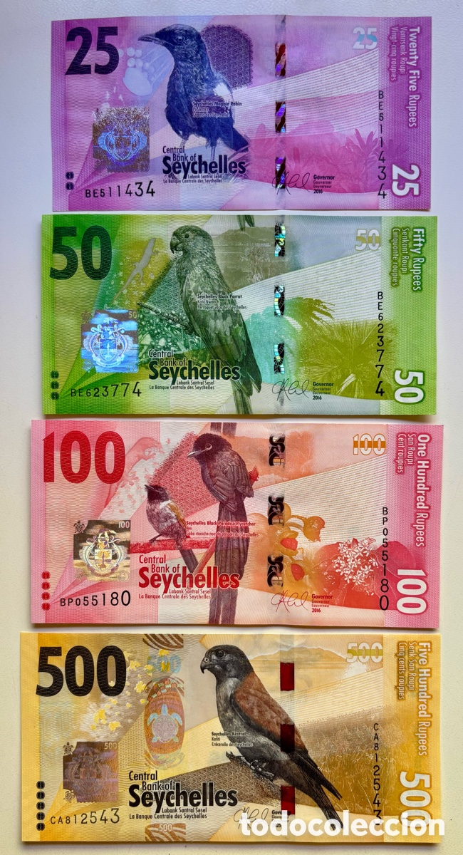 Billetes extranjeros: Set x 4 Billetes SEYCHELLES 25-50-100-500 Rupias 2016-2025 SC. Pick 48-49-50-51b. Lote