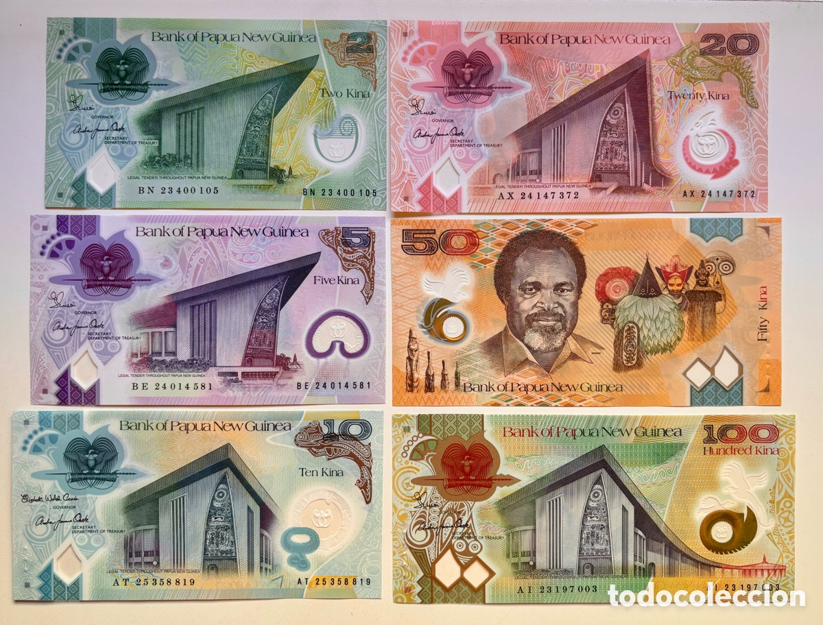 Billetes extranjeros: Set x 6 Billetes PAP&Uacute;A NUEVA GUINEA 2-5-10-20-50-100 Kina (2023-2025) SC Pol&iacute;meros. Lote