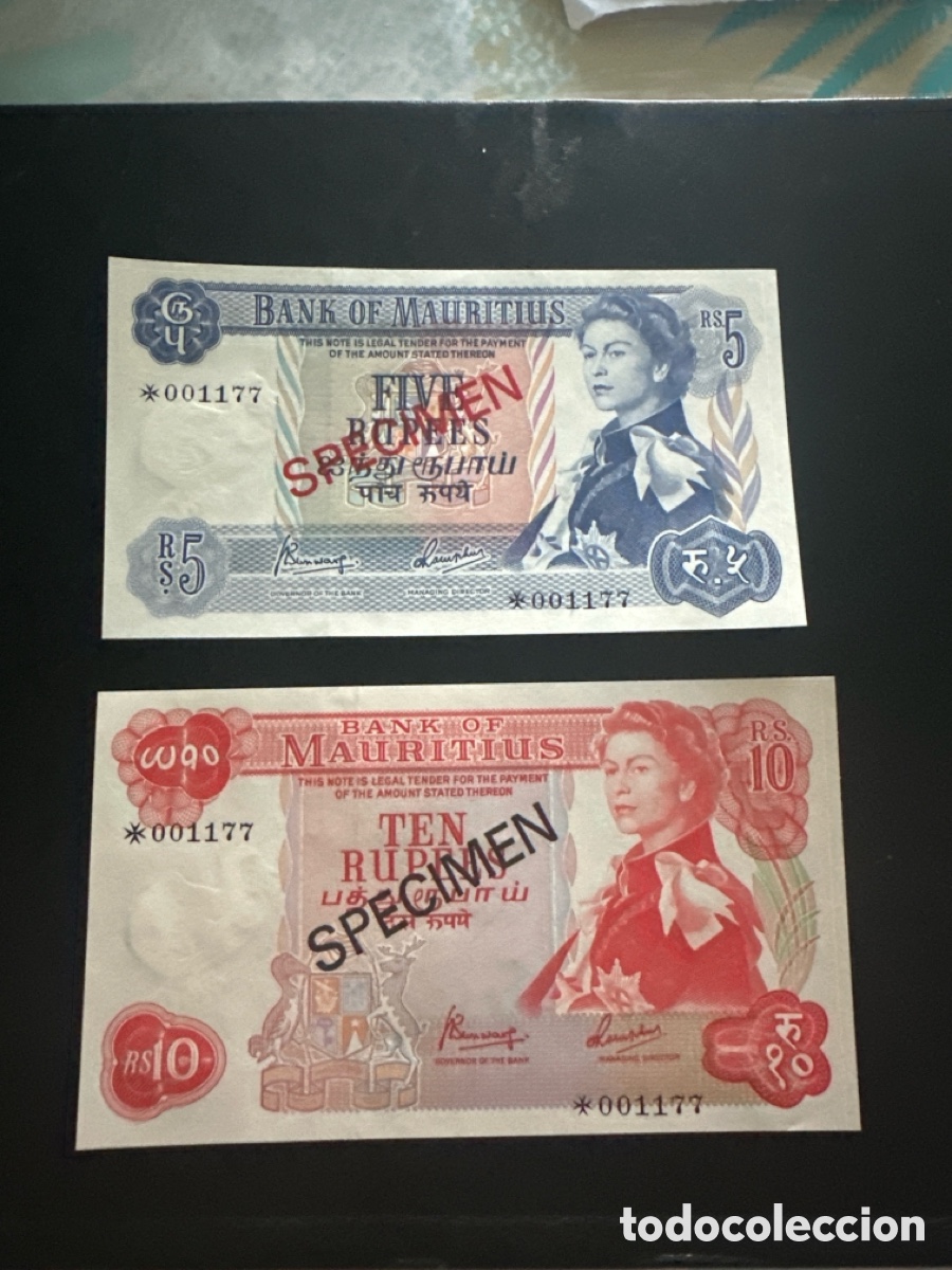 Billetes extranjeros: Set de Islas Mauricio specimen serie n&uacute;mero 1177 del a&ntilde;o 1978,