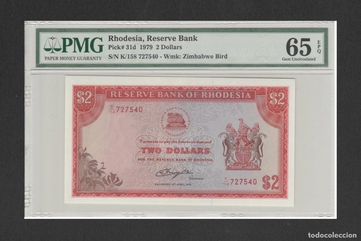 Billetes extranjeros: RHODESIA 2 DOLARES 1979 CERTIFICADO PMG65 EPQ, VER IMAGENES