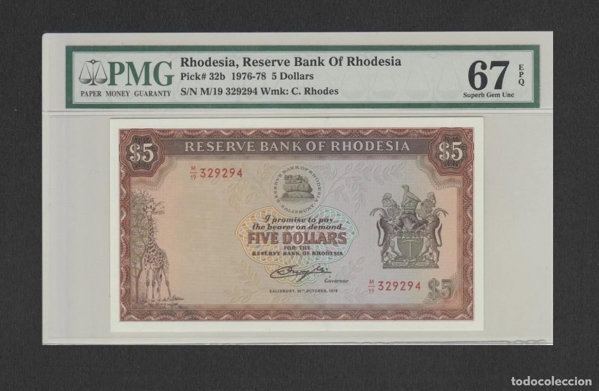 Billetes extranjeros: RHODESIA 5 DOLARES 1978 CERTIFICADO PMG67 EPQ