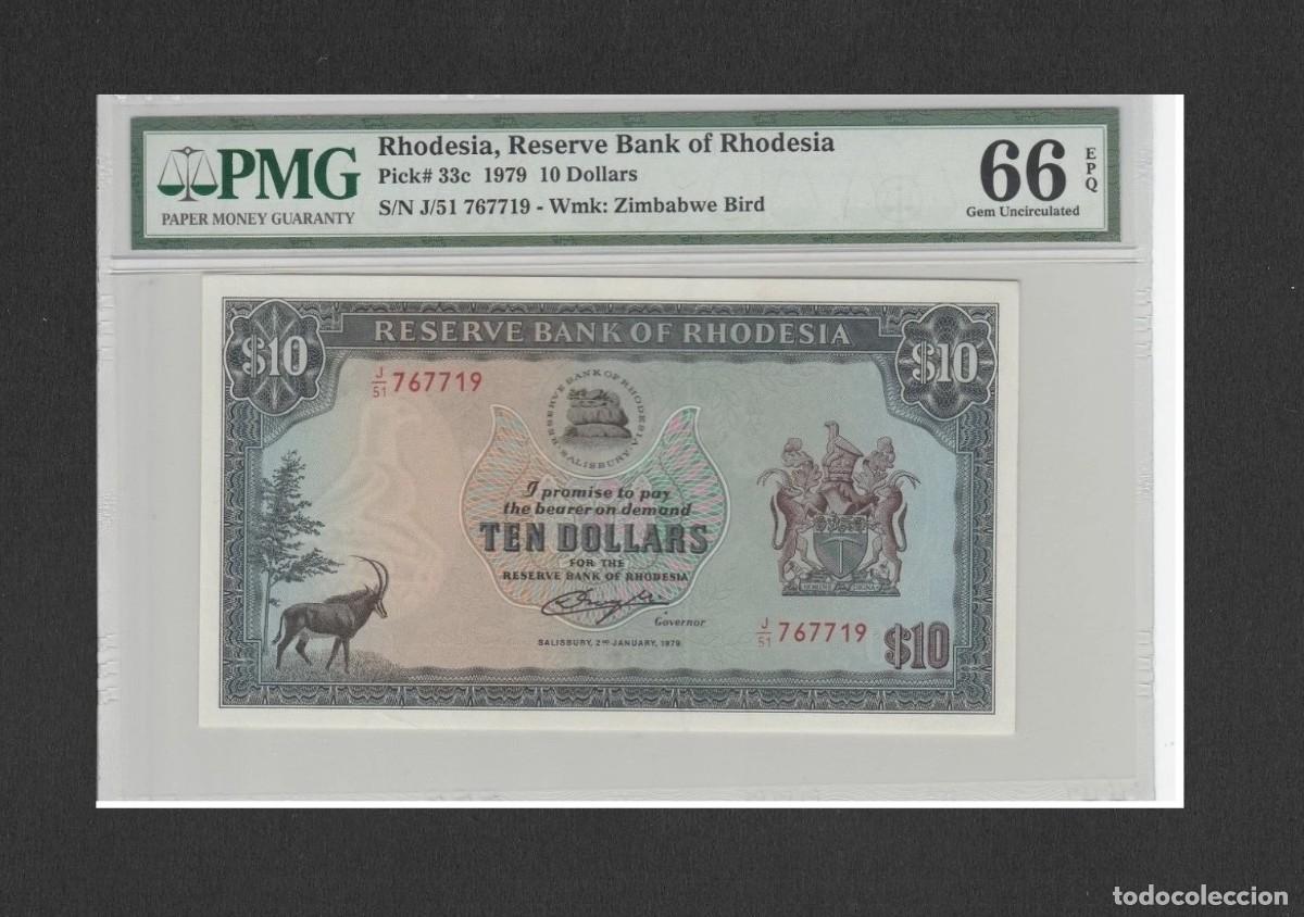 Billetes extranjeros: RHODESIA 10 DOLARES 1979 CERTIFICADO PMG66 EPQ