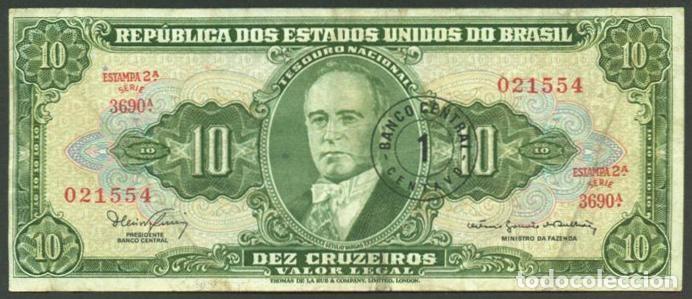 Billetes extranjeros: BRASIL (BRAZIL). 1 centavo sobre 10 cruzeiros (1966-67). Pick 183b.